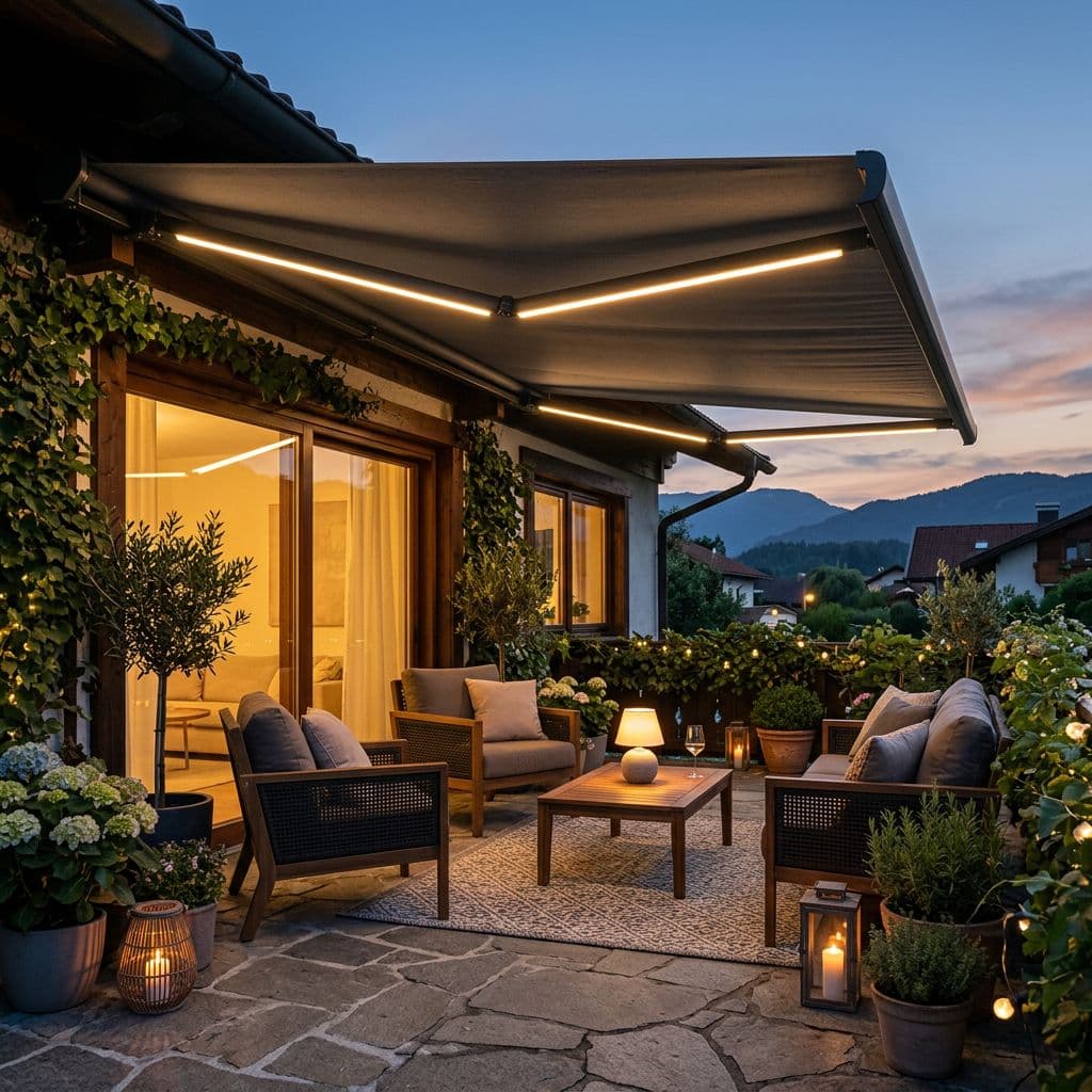 Toldo de brazo invisible con tiras de iluminación LED integradas