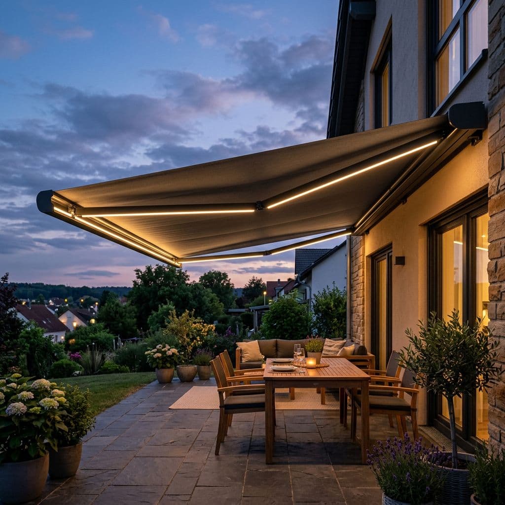 Toldo cofre con iluminación LED integrada al anochecer