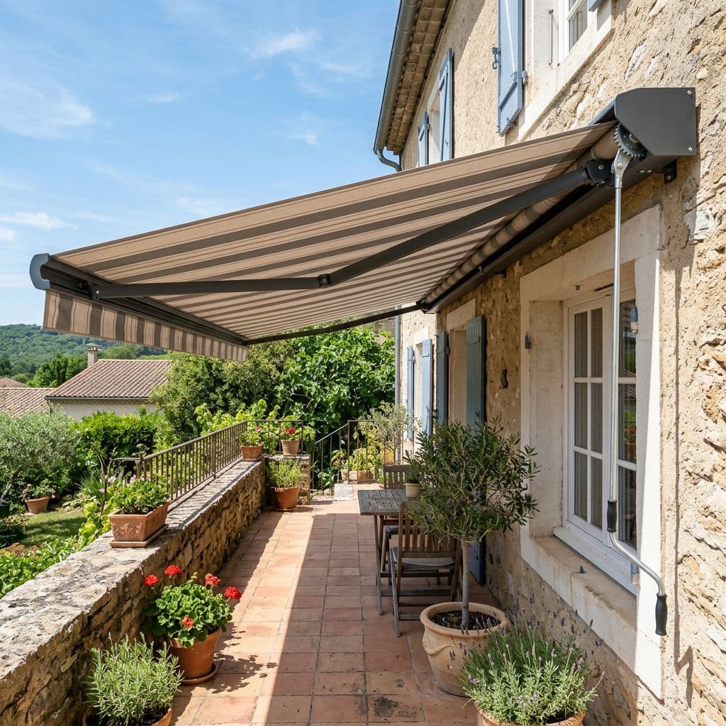 Toldo cofre manual con manivela en una terraza pequeña