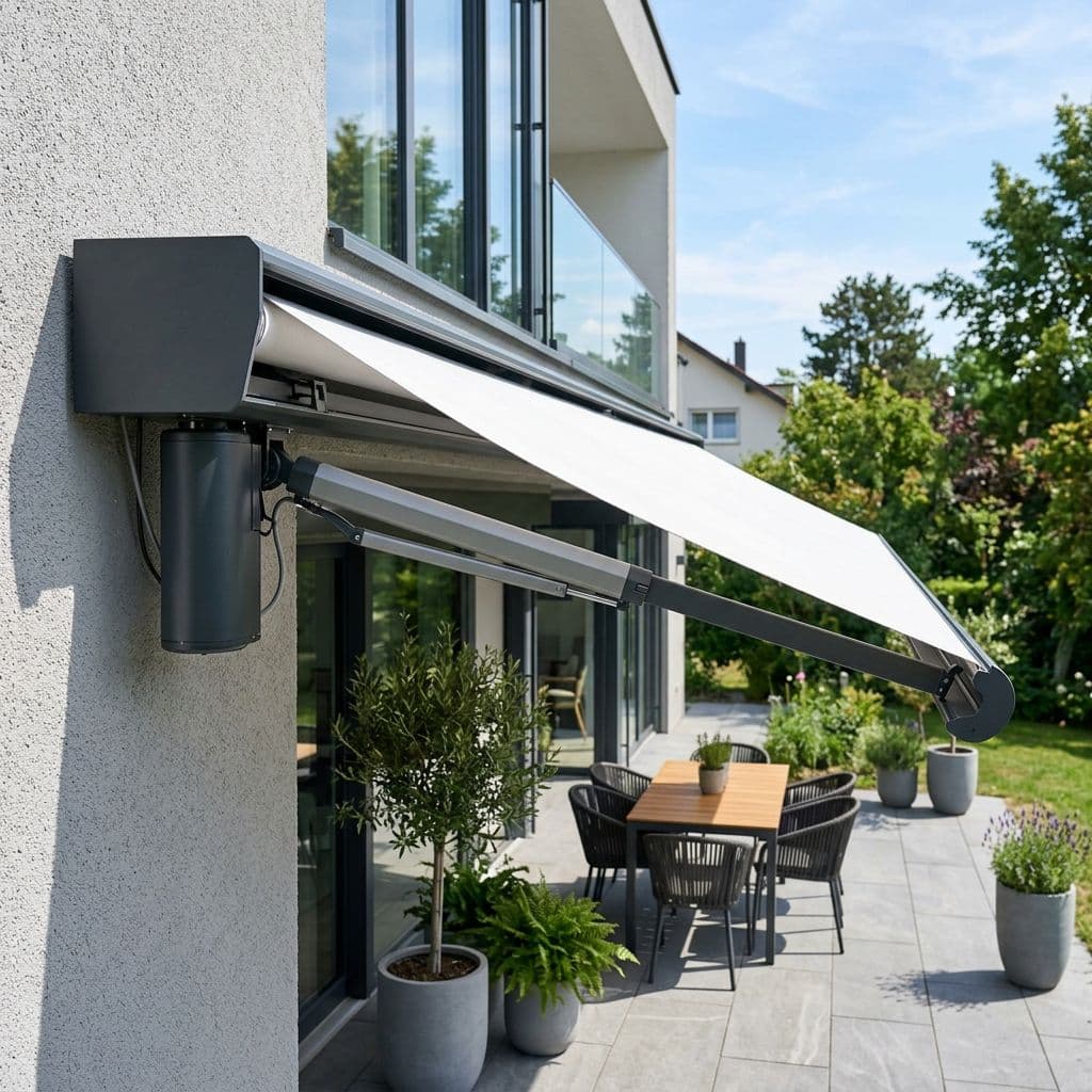 Toldo cofre motorizado extendiéndose con motor eléctrico