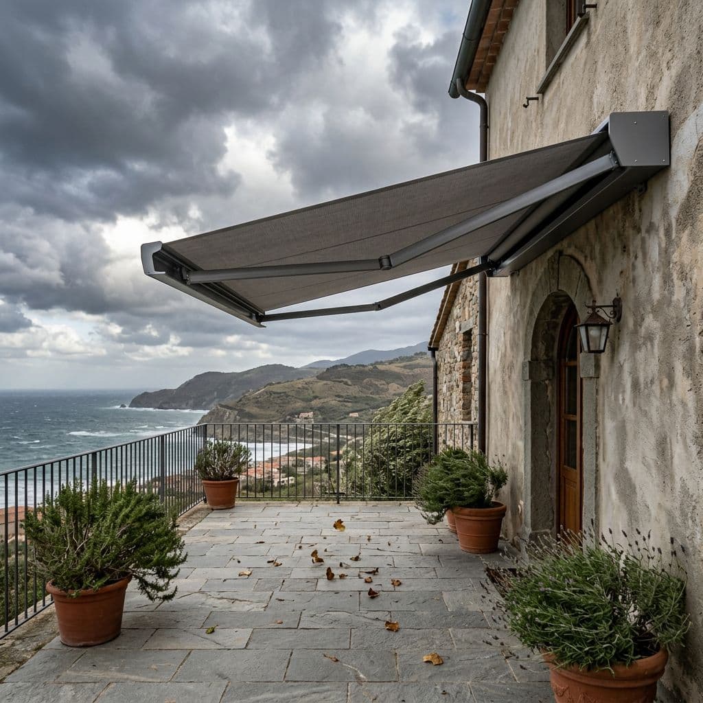 Toldo cofre motorizado con sensor de viento recogiéndose automáticamente