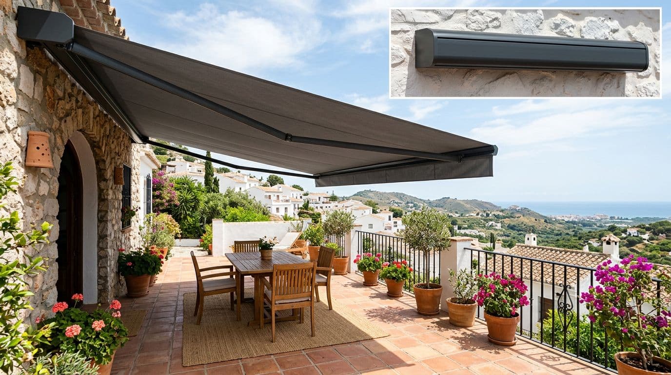 Toldo cofre extendido en una terraza, con la carcasa de protección visible