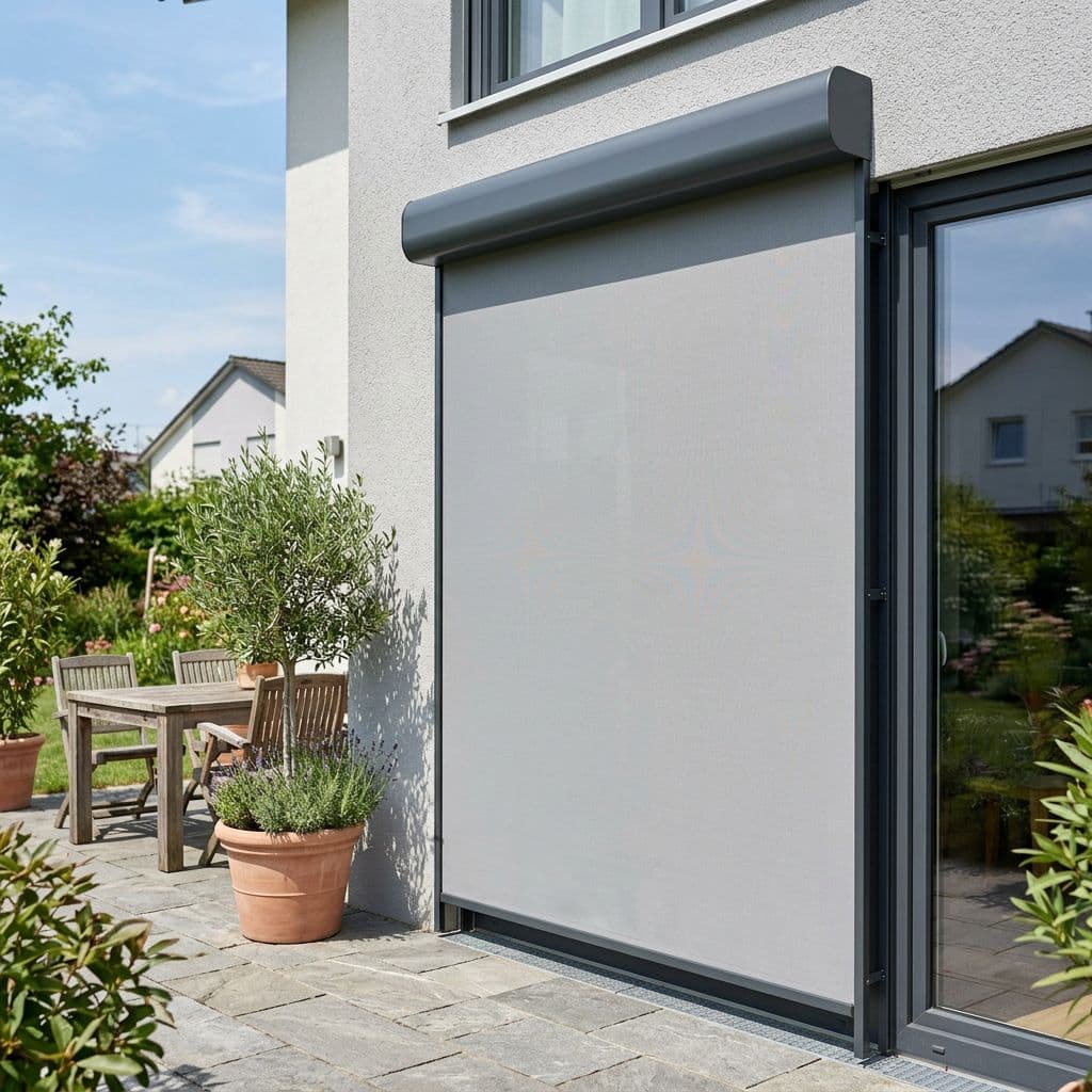 Toldo vertical con cofre protegiendo el tejido al recogerse