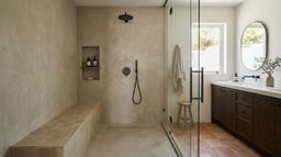 Ducha de obra a medida con microcemento, banco, hornacina y desagüe lineal en un baño contemporáneo