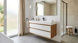 Mueble de baño suspendido con lavabo y el suelo despejado debajo en un baño contemporáneo