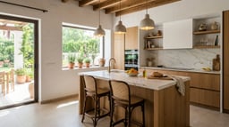 Isla de cocina con barra de desayuno en una cocina moderna y luminosa