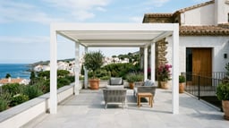 Pérgola de aluminio fija instalada en una terraza moderna