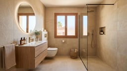 Baño reformado integral con ducha, mueble suspendido y gran formato tras una reforma completa