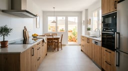 Cocina reformada de 10-12 m² con muebles, encimera y electrodomésticos de calidad media