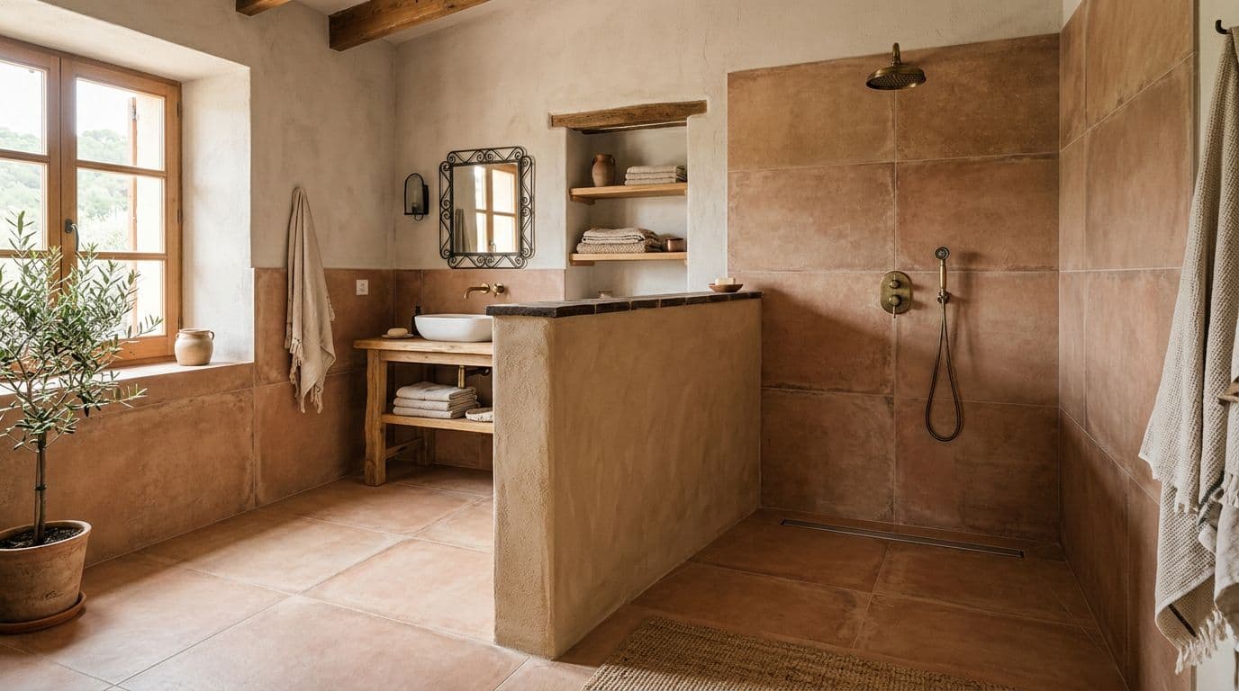 Ducha de obra sin mampara separada por un murete bajo de obra