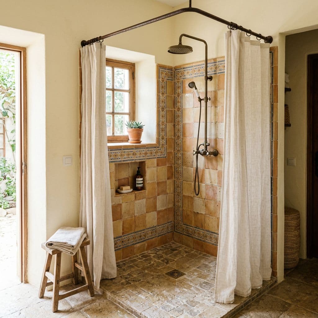 Ducha de obra con cortina de tela como alternativa económica a la mampara