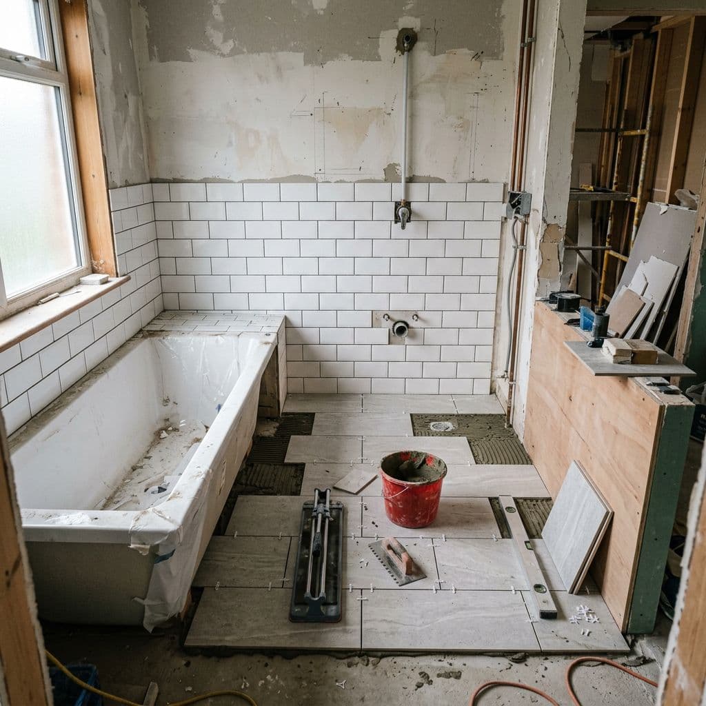 Baño en fase de alicatado con azulejos nuevos instalándose