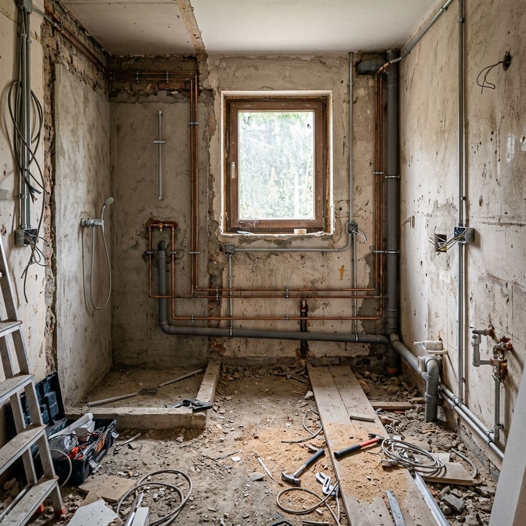 Baño en fase de demolición con instalaciones nuevas de fontanería y electricidad