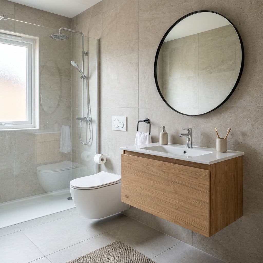 Baño con sanitarios y mueble de lavabo recién instalados