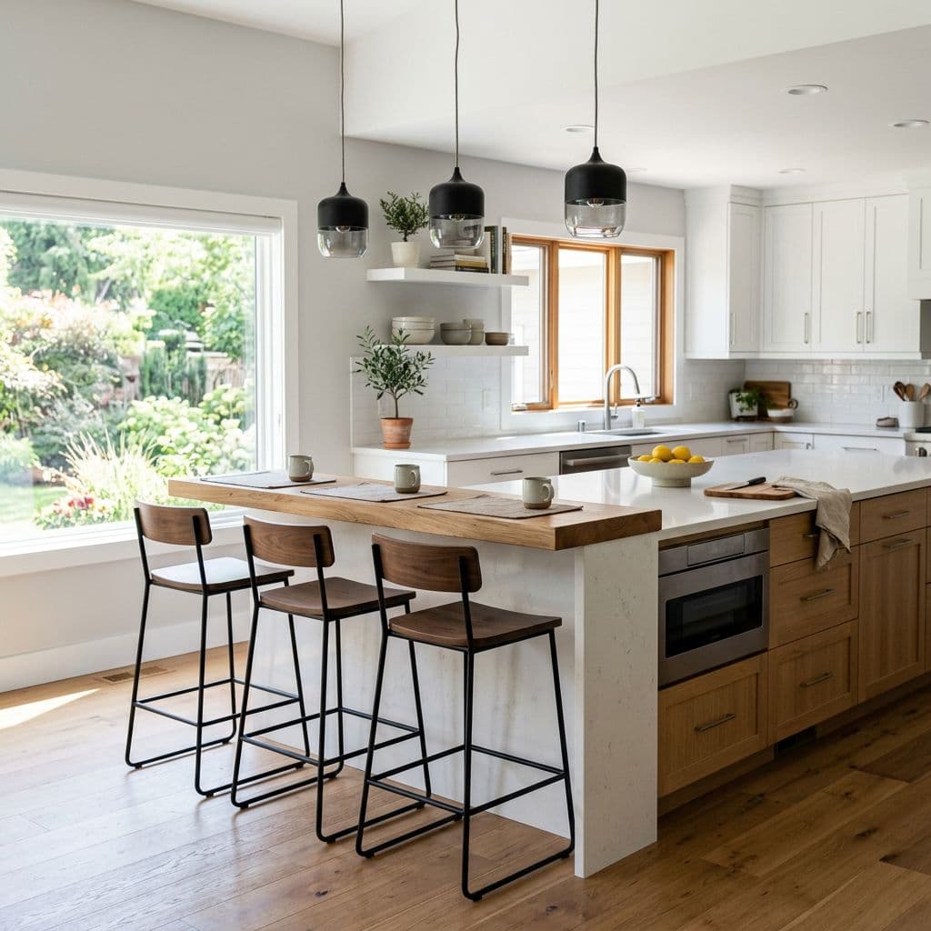 Isla de cocina con barra de desayuno elevada y taburetes para comer informal