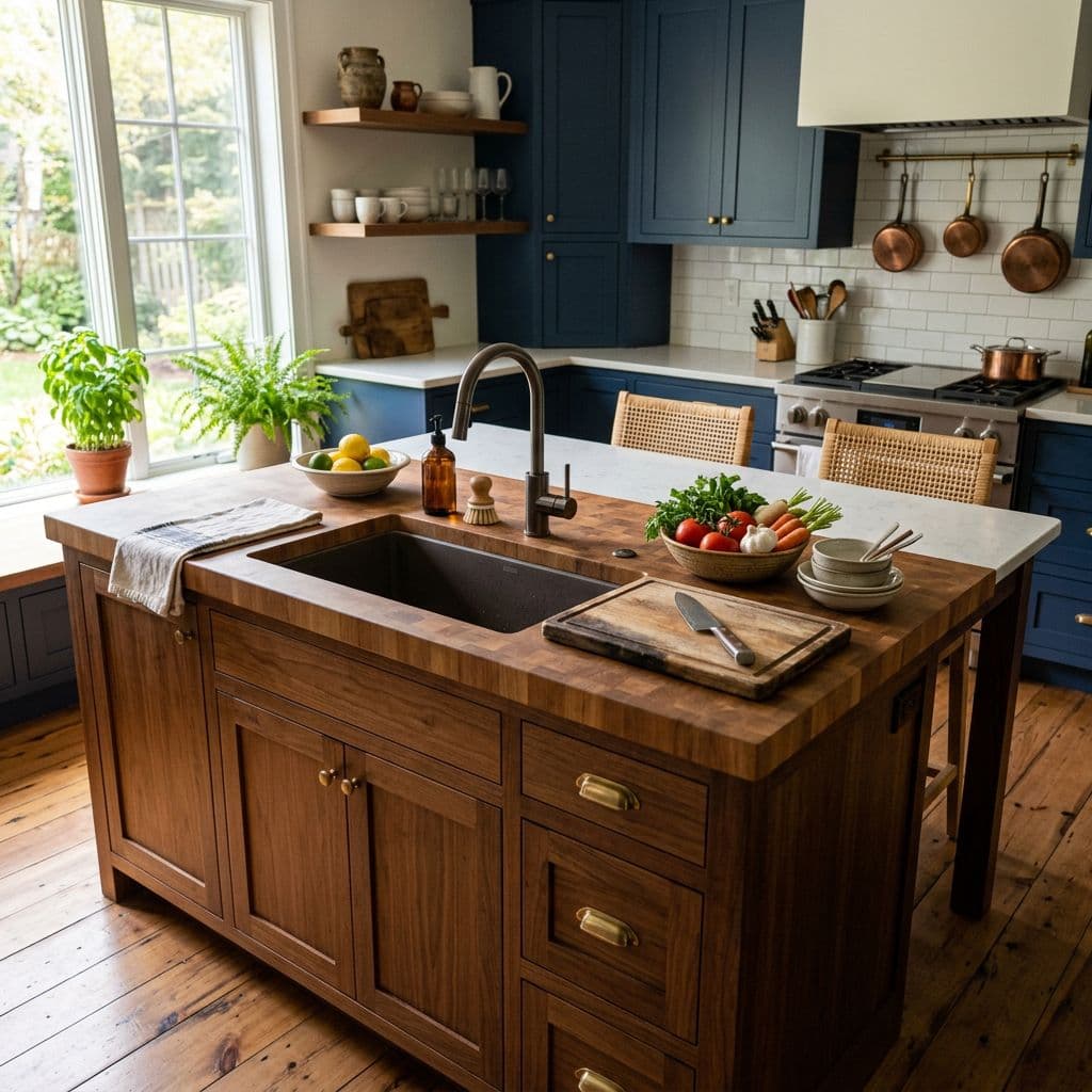Isla de cocina con fregadero integrado y zona de preparación de alimentos