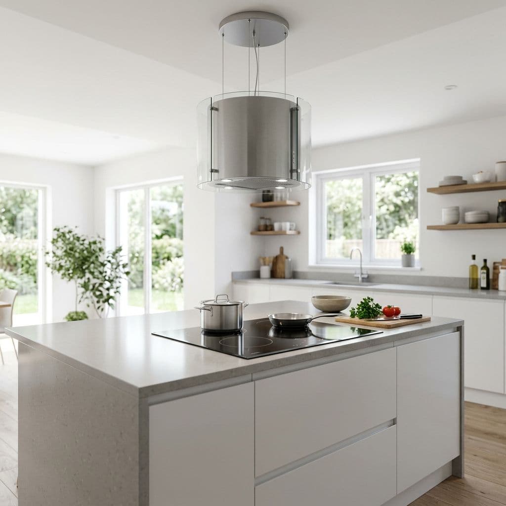 Isla de cocina con placa de inducción integrada y campana extractora de techo