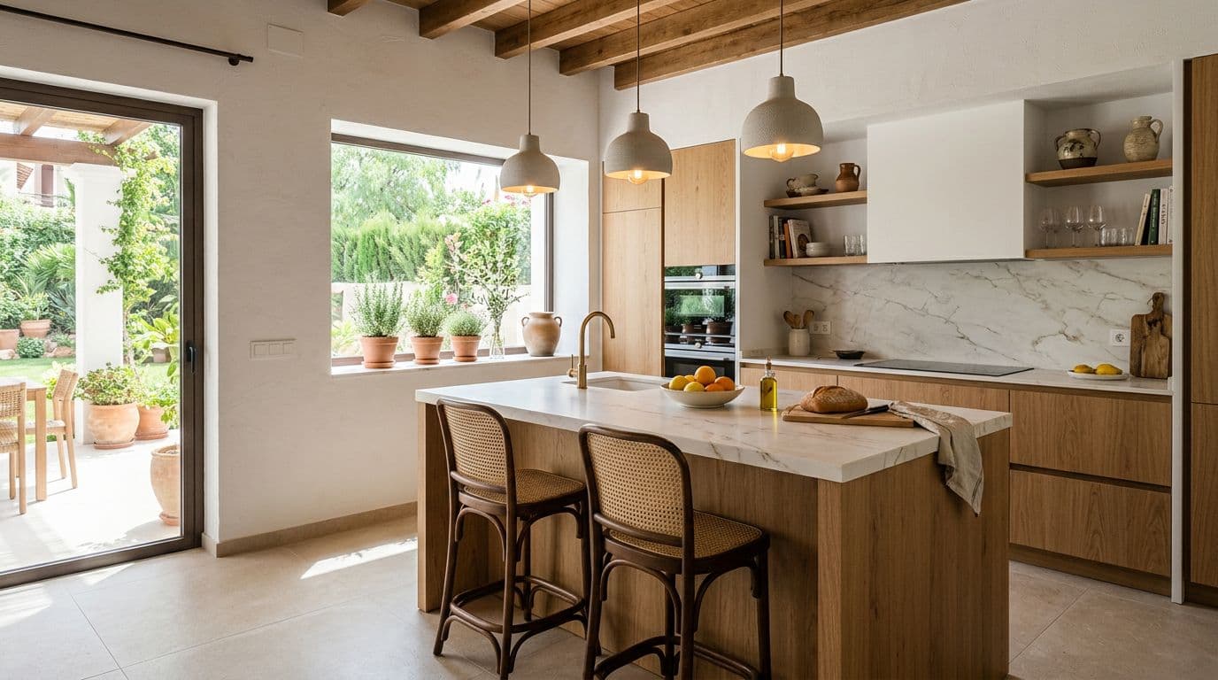 Isla de cocina con barra de desayuno en una cocina moderna y luminosa