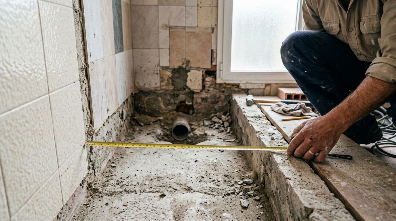 Midiendo el hueco de un baño antes de elegir la talla del plato de ducha