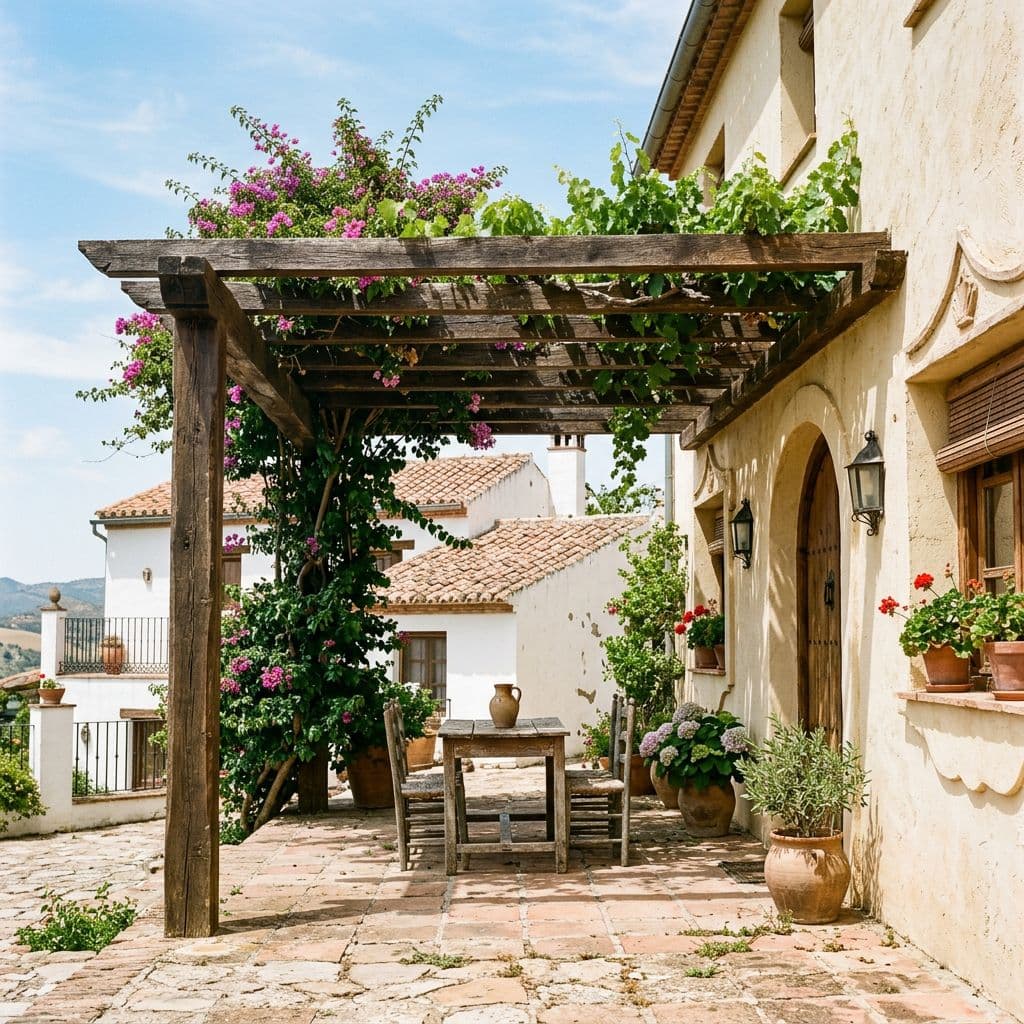 Pérgola de madera adosada a la fachada de una vivienda