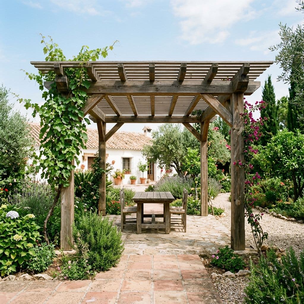 Pérgola de madera exenta e independiente en un jardín