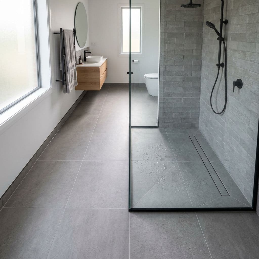 Ducha de obra con base continua alicatada a ras del suelo