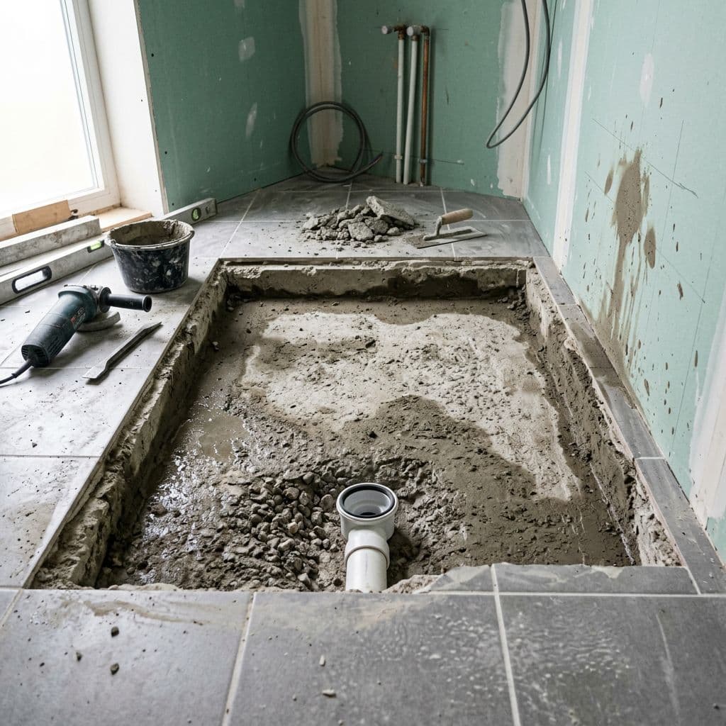 Suelo rebajado en obra para instalar un plato de ducha a ras