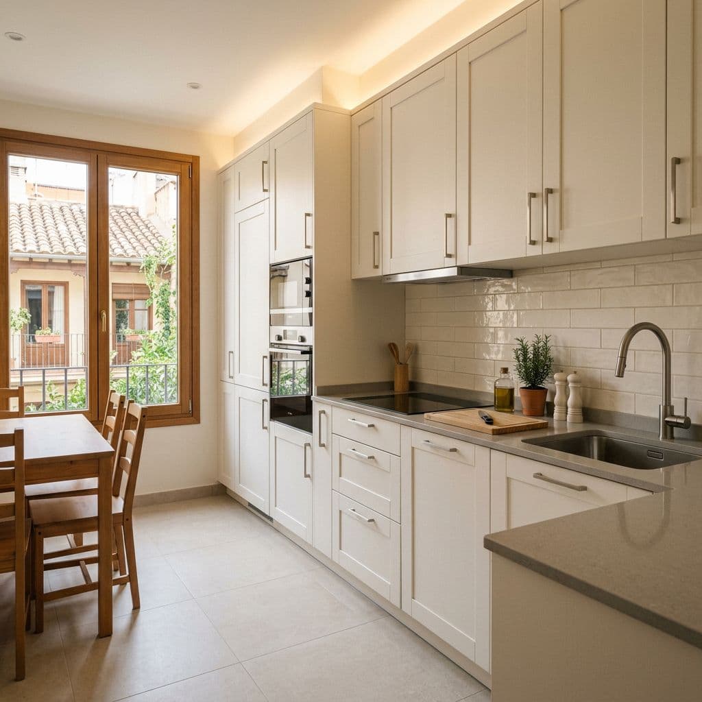 Cocina reformada de calidad media con muebles, encimera y electrodomésticos nuevos