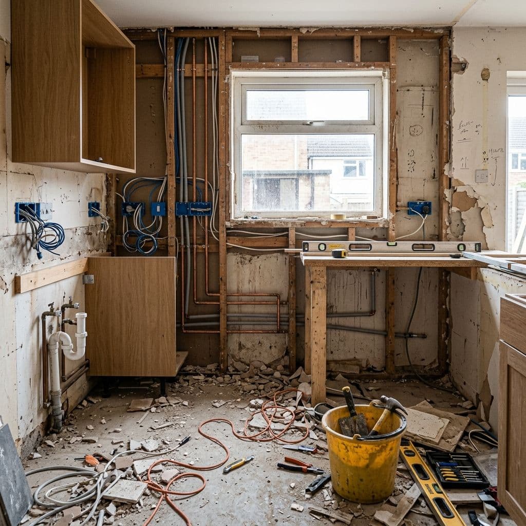 Cocina en obra con fontanería y electricidad nuevas antes de colocar los muebles