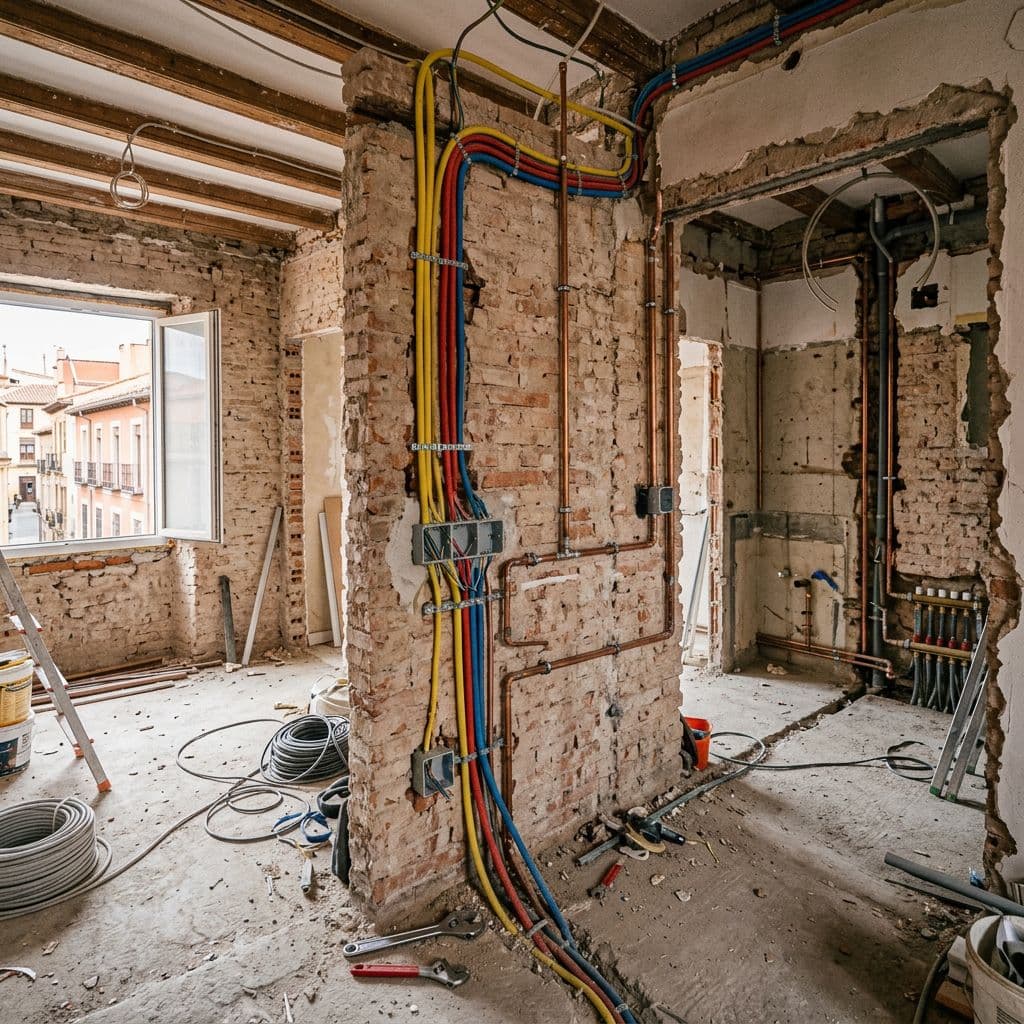 Vivienda en obra con renovación completa de electricidad y fontanería en una reforma integral