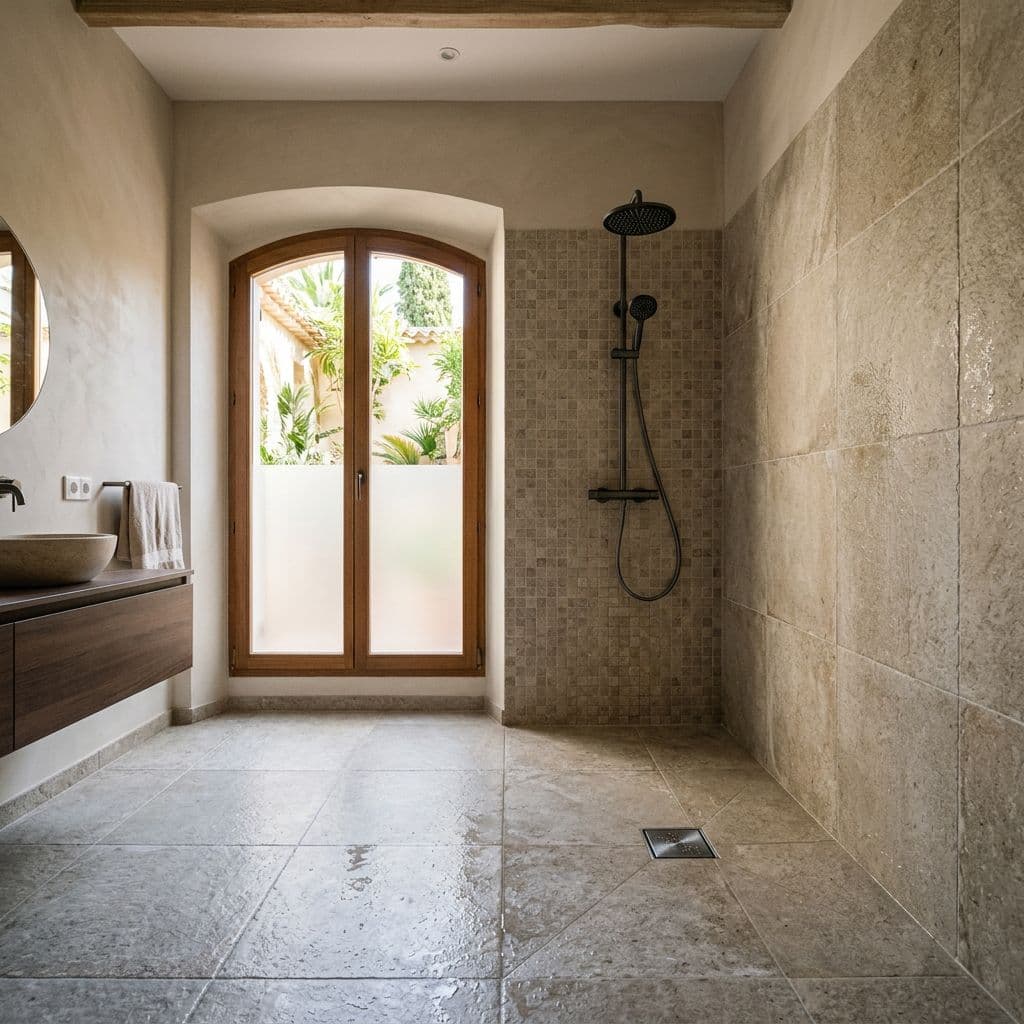 Ducha moderna sin mampara con efecto wet room totalmente abierto