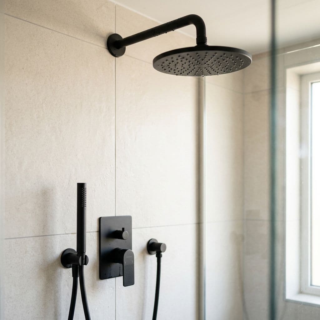Grifería de ducha en negro mate como acento moderno en un baño claro